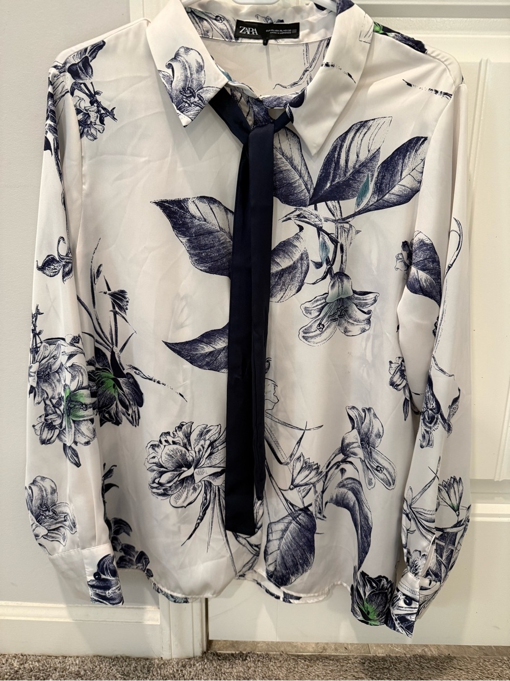 ZARA White Botanical Tie-Neck Blouse with Navy Accents